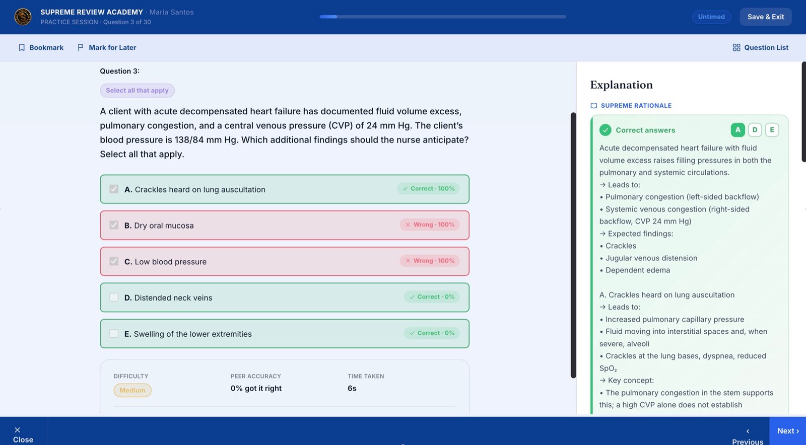 CATalyst exam screen showing a select-all-that-apply question with answer feedback and the Supreme rationale